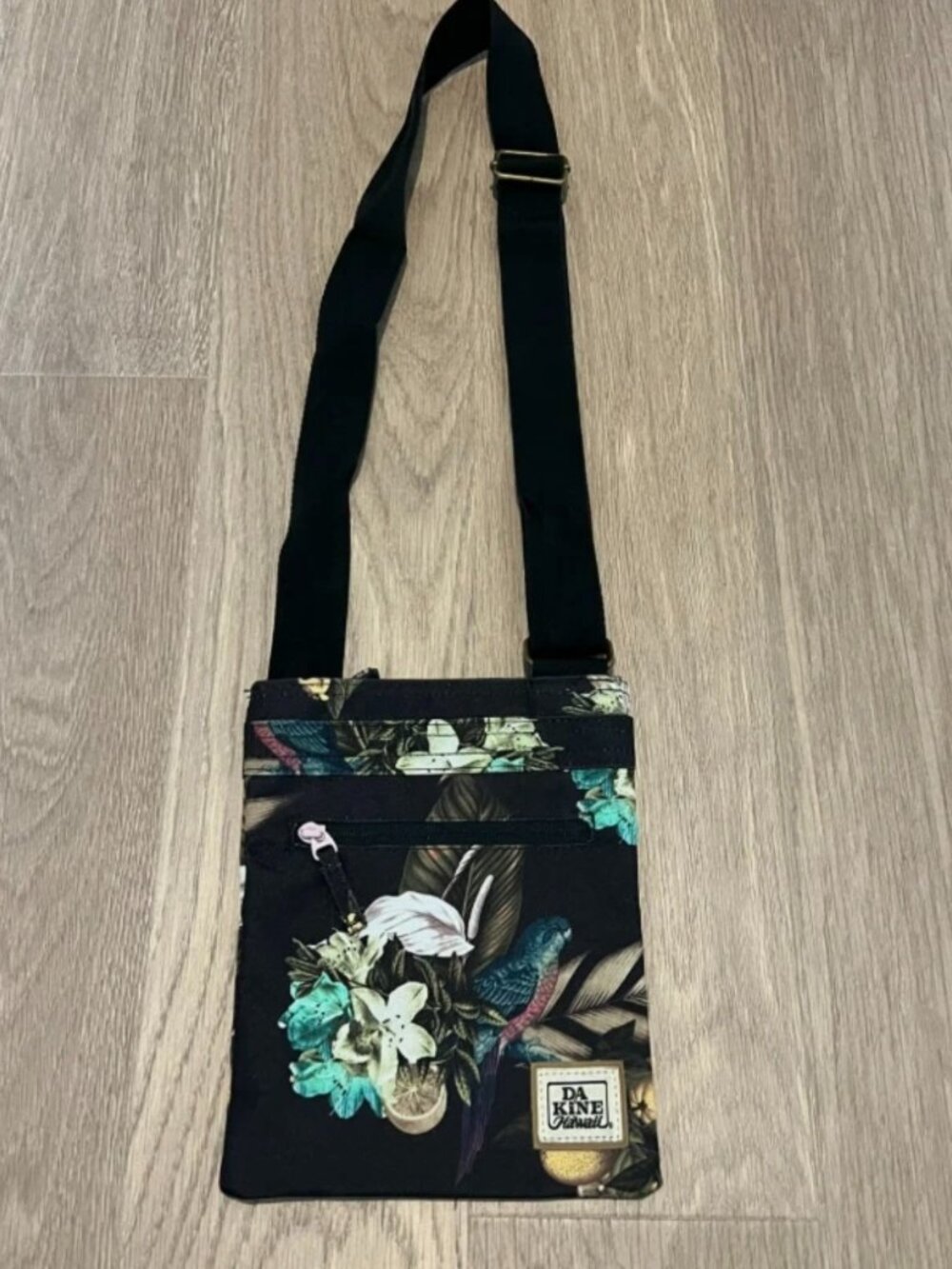 DAKINE Hawaii Jive Black Crossbody Purse Bag Floral Tropical Hibiscus Bird Beach